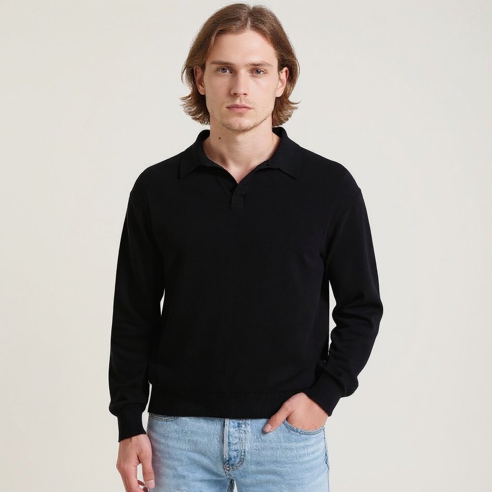 Saks Fifth Avenue Black Cashmere Men's Long Sleeve Polo Sweater Size Large